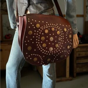 Large Vintage Studded Brown Leather Cross Body Messenger Bag